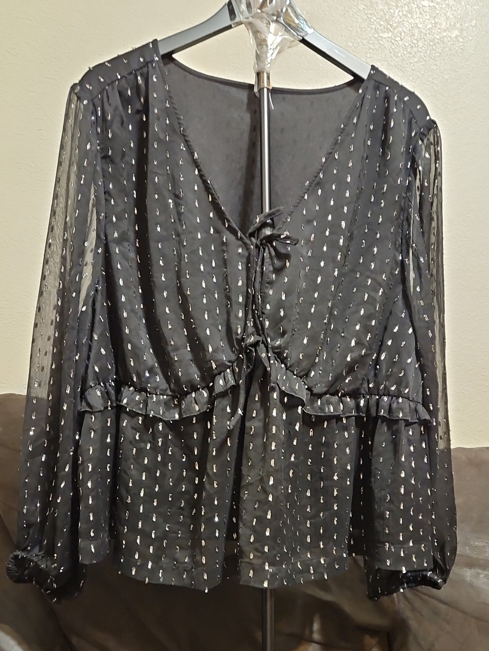 Women's Black Tie-Front Blouse with Metallic Dot Detail And Sheer Sleeves